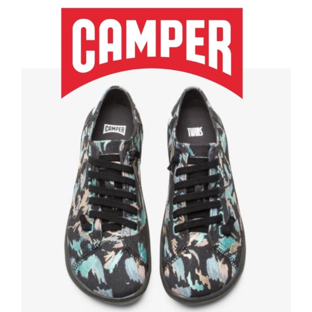 CAMPER Twins Embroidered Black Canvas Shoe